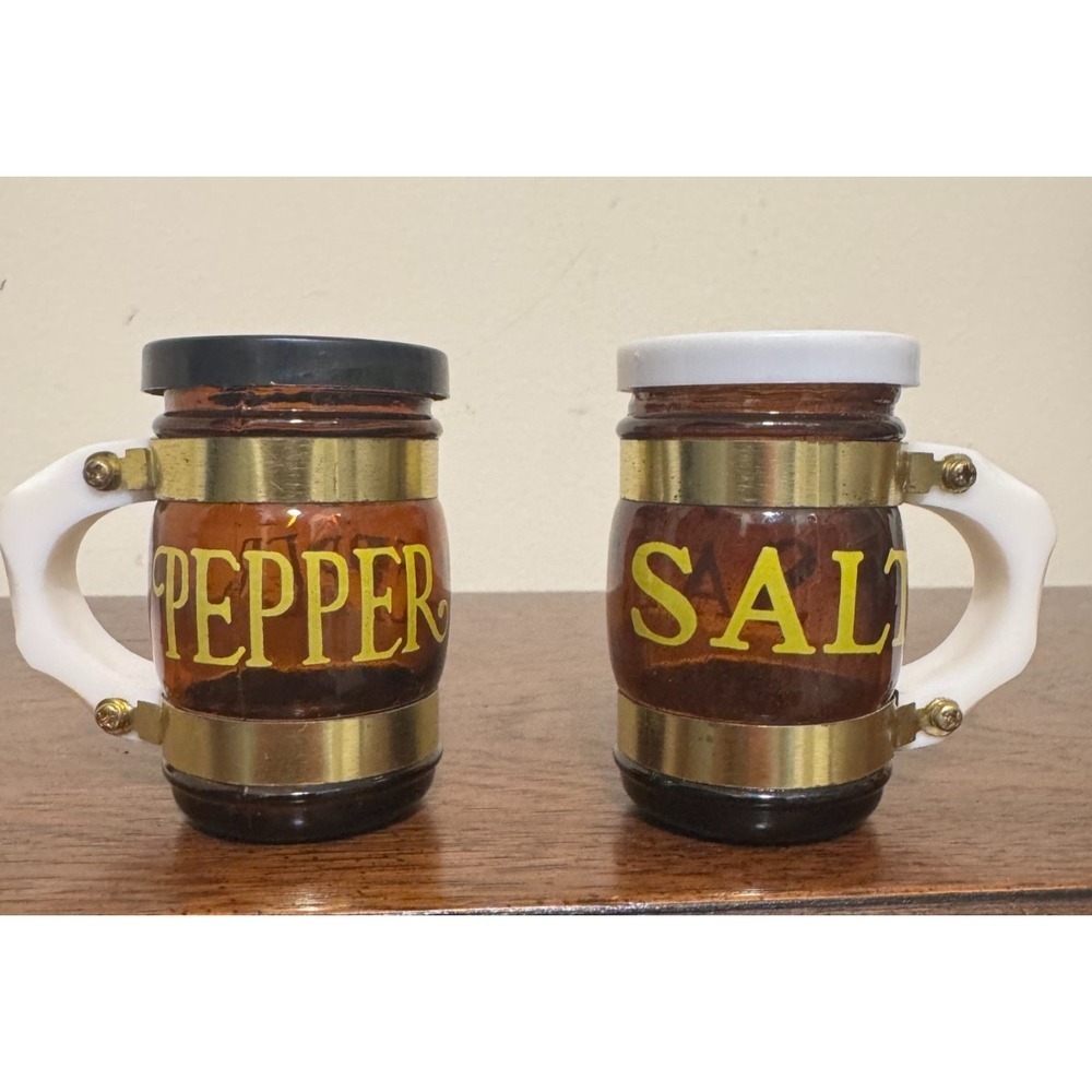 Vintage Amber Glass Salt & Pepper Shakers Mug Barrel Brass Bands Set MCM